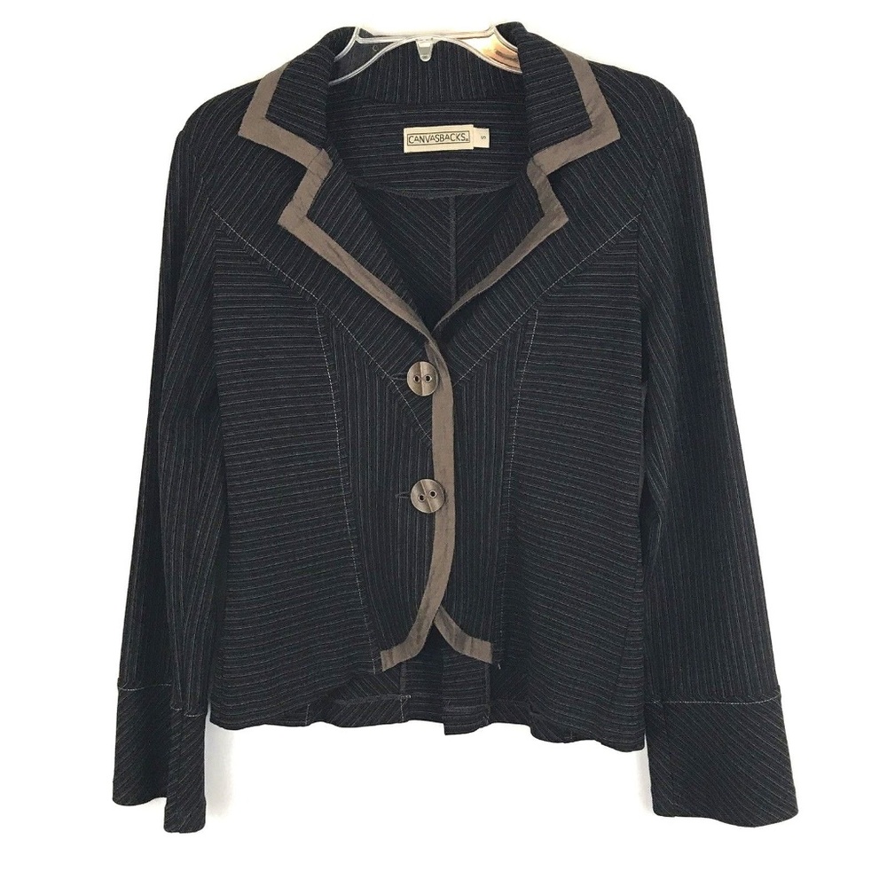 Canvas Back Womens Jacket Size Small S Black Pin Striped Buttons Long Sleeve